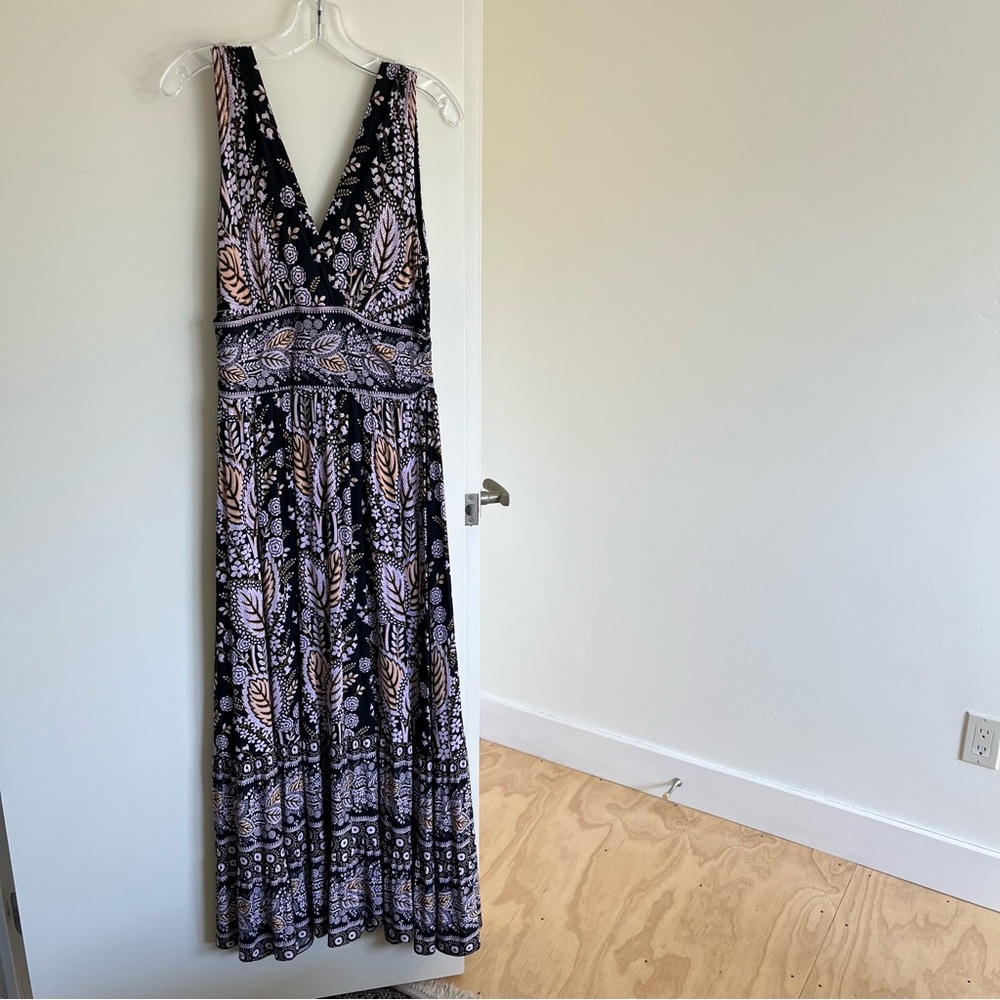 Anthropologie Purple and Black Ruched Tiered Maxi Dress